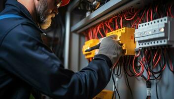 Electrician working in fuse box. Electrical panel with electrical wires. AI Generated. photo