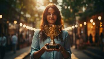 Portrait of a beautiful young woman holding a trophy on the street. AI Generated. photo