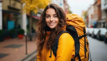 sonriente joven mujer en amarillo chaqueta con mochila en pie en ciudad calle. ai generado. foto