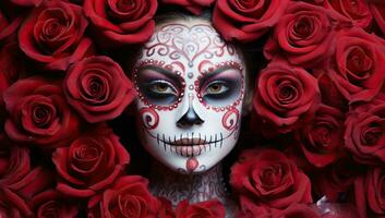 Day of The Dead sugar skull makeup with red roses on dark background. AI Generated. photo