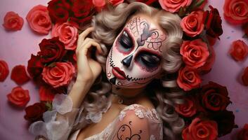 Beautiful girl with sugar skull makeup and red roses lying on the floor. AI Generated. photo