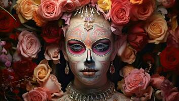 mujer con azúcar cráneo desnudo. día de el muerto, dia Delaware los muertos. ai generado. foto