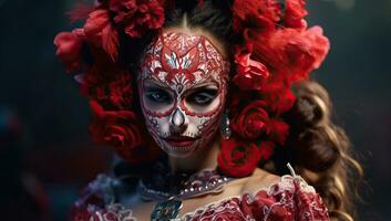 retrato de un hermosa joven mujer con azúcar cráneo constituir. dia Delaware los muertos. día de el muerto. Víspera de Todos los Santos. ai generado. foto