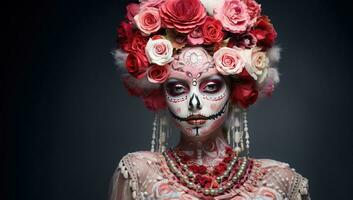 Portrait of a beautiful woman with sugar skull makeup. Dia de los muertos. Day of The Dead. AI Generated. photo