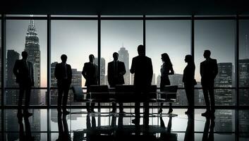 Silhouettes of business people in a modern office with city view. AI Generated. photo