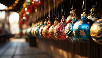 Colorful christmas ornaments on the Christmas market. AI Generated. photo