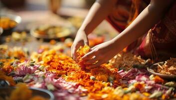 Close up of Indian woman making marigold flower garland at home. AI Generated. photo