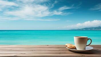 café taza y Galleta en de madera mesa con mar y cielo antecedentes. ai generado. foto