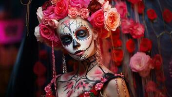 Beautiful woman with sugar skull makeup and flowers in her hair. AI Generated. photo