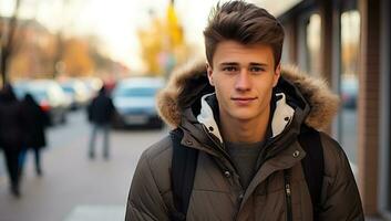 retrato de un hermoso joven hombre en un Saco en el calle. ai generado. foto