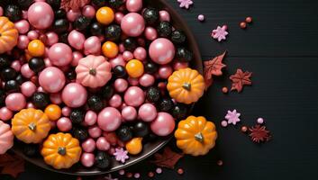 Colorful Halloween candies on black wooden background. Top view. AI Generated. photo