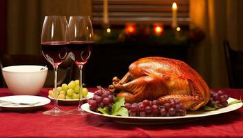 Roasted turkey with red wine and grapes on a table in a restaurant. AI Generated. photo