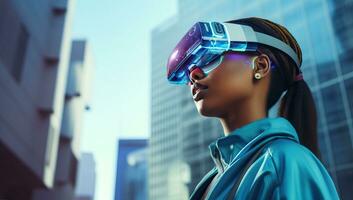 Young african american woman wearing virtual reality goggles. AI Generated. photo