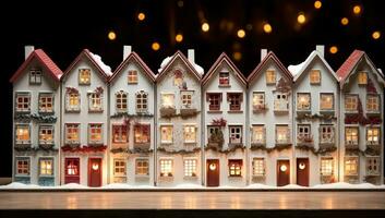 Christmas and New Year miniature houses with lights on the background. Christmas holiday concept. AI Generated. photo