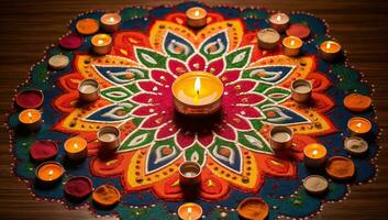 indio festival Día de la Independencia, diwali petróleo lamparas iluminado en vistoso rangoli. ai generado. foto