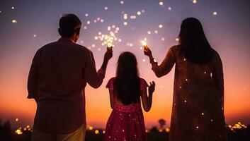 silueta de asiático familia participación bengalas en el puesta de sol antecedentes. ai generado. foto