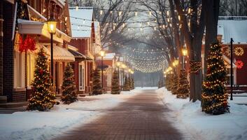 Street decorated for Christmas and New Year holidays in a small town in winter. AI Generated. photo