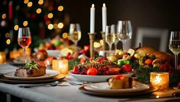 Christmas table setting. Festive table with a variety of dishes and food. AI Generated. photo