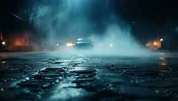 Night city street with wet asphalt and car on the road, foggy toned. AI Generated. photo