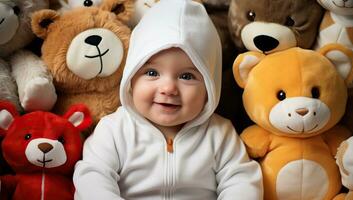 retrato de un linda pequeño bebé chico con linda muñeca. ai generado. foto