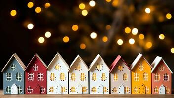 Wooden toy houses against bokeh background. Christmas decoration. AI Generated. photo