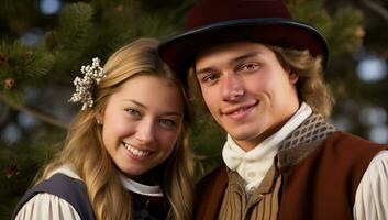 Beautiful young couple in medieval clothes on the background of the Christmas tree. AI Generated. photo