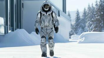 Astronaut in space suit on winter background. AI Generated. photo