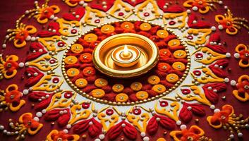 Diwali diya or wax lamp on Indian festival of lights background. AI Generated. photo