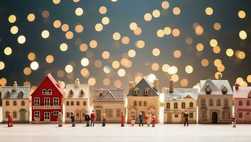 Miniature people with miniature house on bokeh background. Christmas and New Year concept. AI Generated. photo