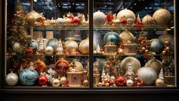 Christmas decorations in shop window. Christmas and New Year holidays concept. AI Generated. photo