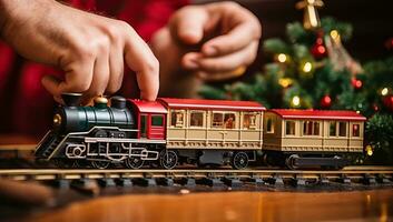 Man playing with toy train on Christmas tree background. Christmas and New Year concept. AI Generated. photo
