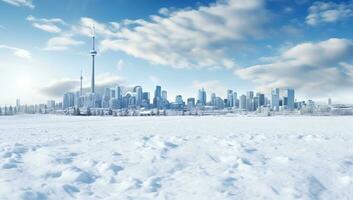 city skyline in winter with snow and blue sky. AI Generated. photo