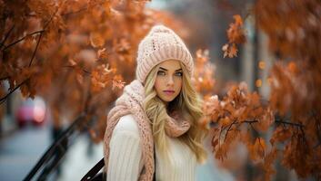 Beautiful young woman in a knitted hat and scarf in the autumn park. AI Generated. photo