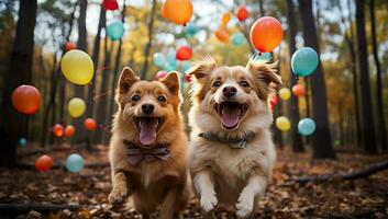 dos contento perros con globos en el otoño bosque. contento perros. ai generado. foto