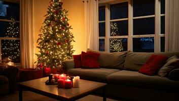 Christmas tree with presents and candles in living room at night. Interior design. AI Generated. photo