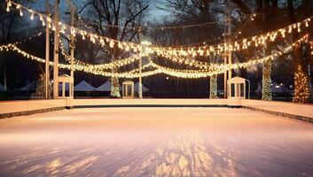 Navidad decoraciones en el hielo pista. invierno paisaje con luces. ai generado. foto