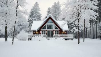 Beautiful wooden house in winter forest. AI Generated. photo