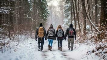 Group of friends with backpacks walking in snowy forest. Back view. AI Generated. photo