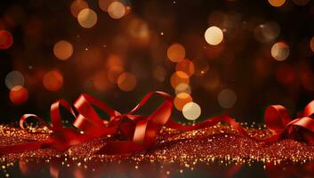 Red ribbon on bokeh background. Christmas and New Year concept. AI Generated. photo