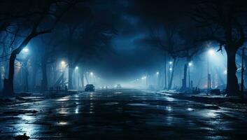 Foggy street at night with lights and silhouettes of trees. AI Generated. photo