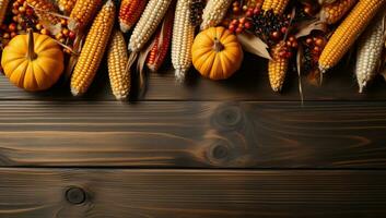 Autumn background with pumpkins, corn and berries on wooden table. AI Generated. photo