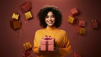 happy african american woman holding gift box and smiling at camera. AI Generated. photo