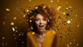 Happy young woman with flying confetti on yellow background. AI Generated. photo