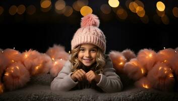 linda pequeño niña en invierno sombrero y suéter en Navidad luces antecedentes. ai generado. foto