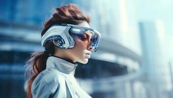 Portrait of a futuristic woman in futuristic glasses. AI Generated. photo