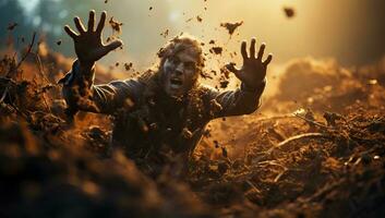 Scary zombie in the field at sunset. Horror. Halloween. AI Generated. photo