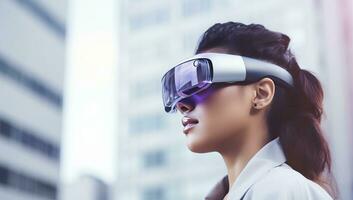 joven mujer vistiendo virtual realidad gafas de protección al aire libre. futuro tecnología concepto. ai generado. foto