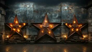 wooden star with christmas lights on the wall. AI Generated. photo