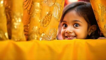 retrato de asiático pequeño niña sonriente en el amarillo cortina. ai generado. foto