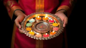 Indian woman holding a plate with oil lamp for Diwali festival. AI Generated. photo